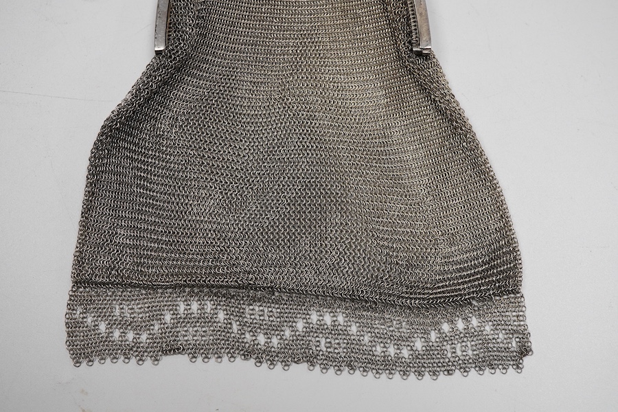 An early to mid 20th century Austrian 800 standard white metal mesh evening purse, with suspension chain, 3.9oz.